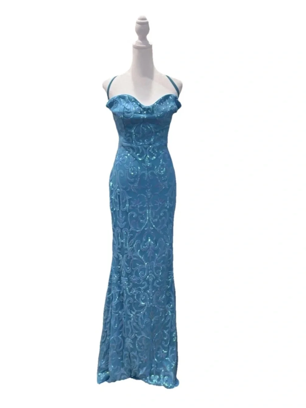 Aqua Blue Sequin Mermaid Gown Lace Up Back Formal Prom Dress Size XL - Picture 3 of 9